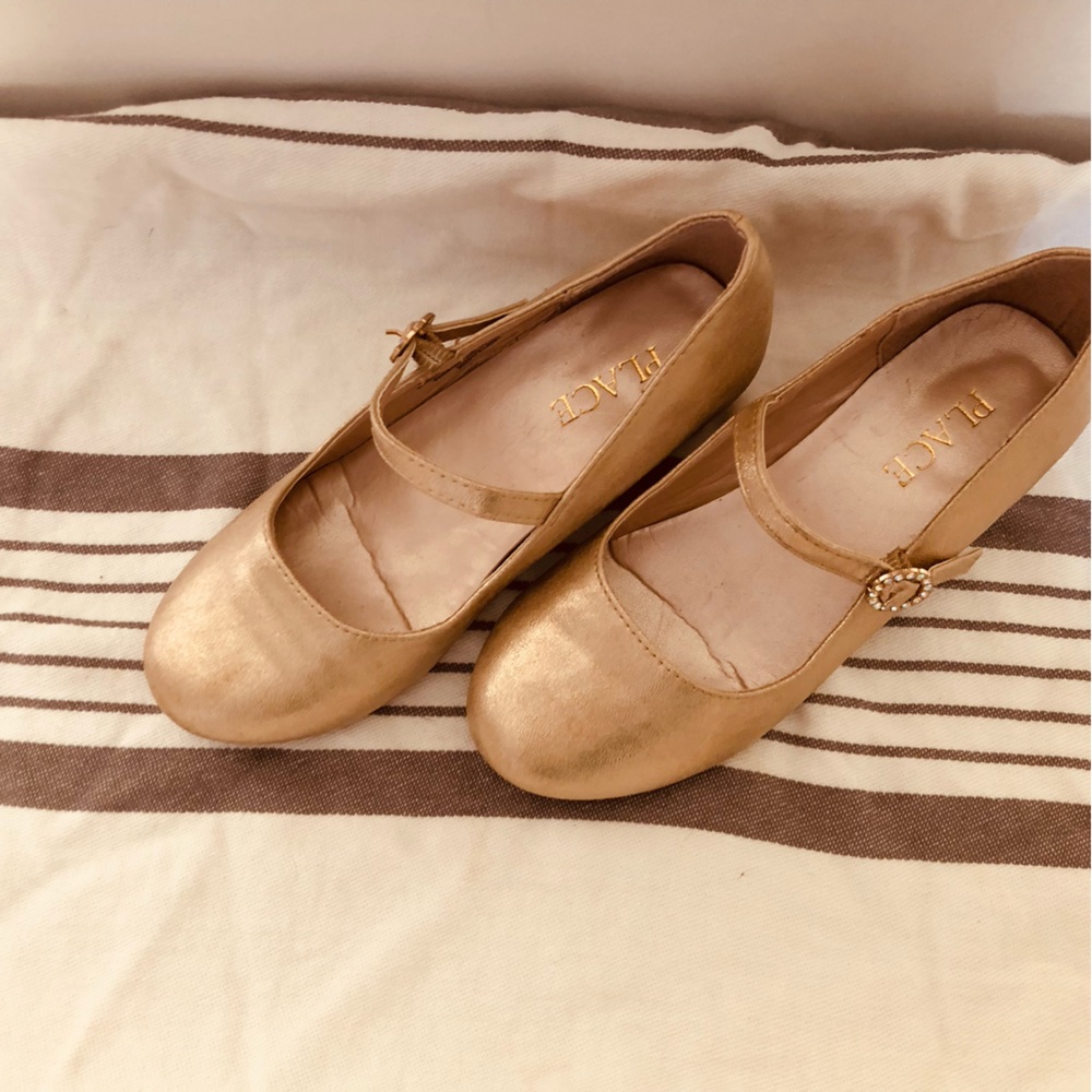 Size 13 low chunky heel soft gold/champagne colored dress shoes.